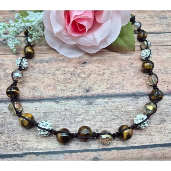 NWOT Tiger's Eye Shamballa & Faceted Crystal Boho Cord Necklace One Size Unisex - Picture 1 of 10